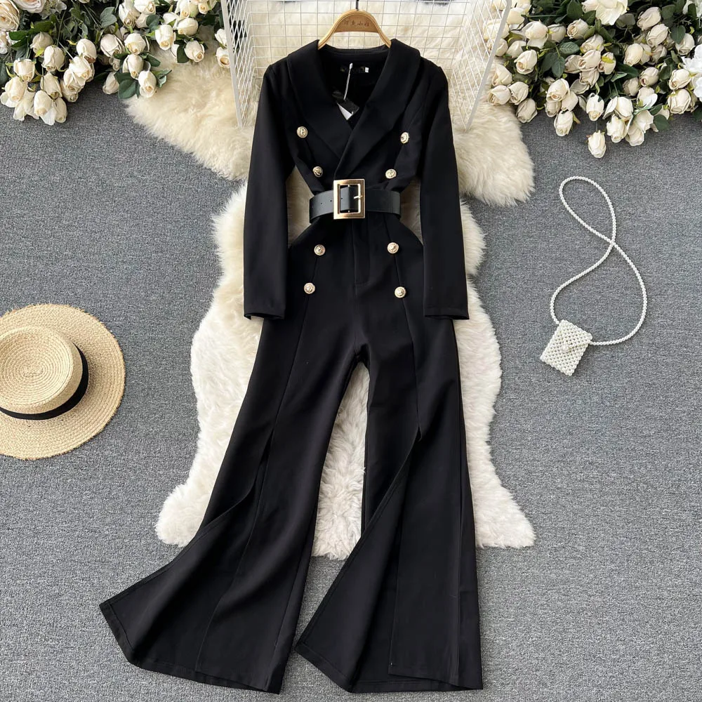 New Black Jumpsuit Temperament Long-sleeved Chiffon Straight Wide-leg Trousers Design Fashion Solid Color Office Lady 2022 Autum