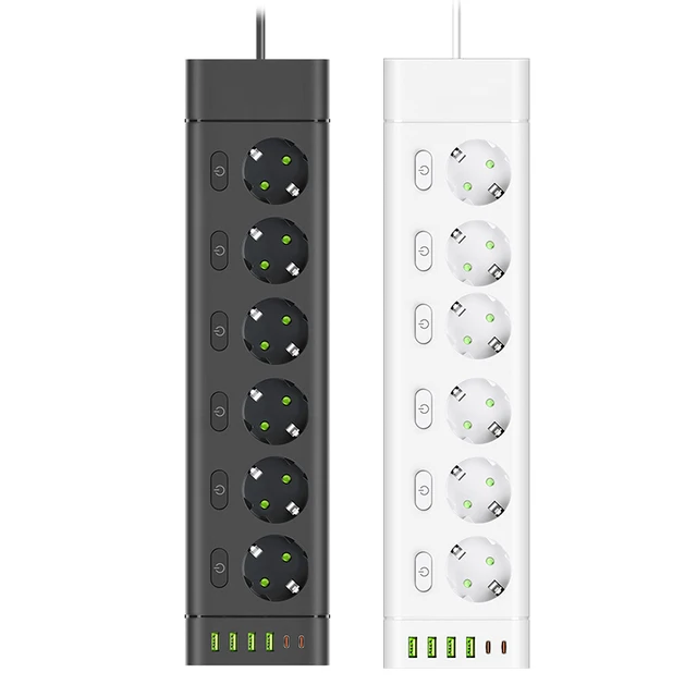 EU Plug Power Strip หลายอิสระควบคุม Outlet ซ็อกเก็ต 2 M สายไฟซ็อกเก็ตไฟฟ้า 4 USB 2 พอร์ต Type-C 1