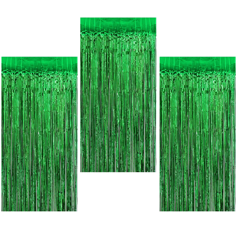 3 Pcs Green Rain Curtain Tinsel Party Background Fringe Backdrop Foil Metallic Line Plastic