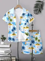 Chemise à manches courtes à col boutonné pour enfants, motif cocotier, style hawaïen, pour les vacances à la plage, été, + shorts, vêtements pour garçons 3
