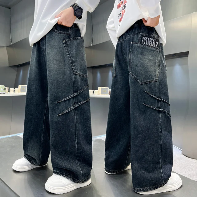 جديد خريف 2025 جينز للأطفال المراهقين وسيم مستقيم الساق للأولاد فضفاض بنطال ذو قصة أرجل واسعة للأطفال بنطلون عصري أنيق 5-14 Y 1