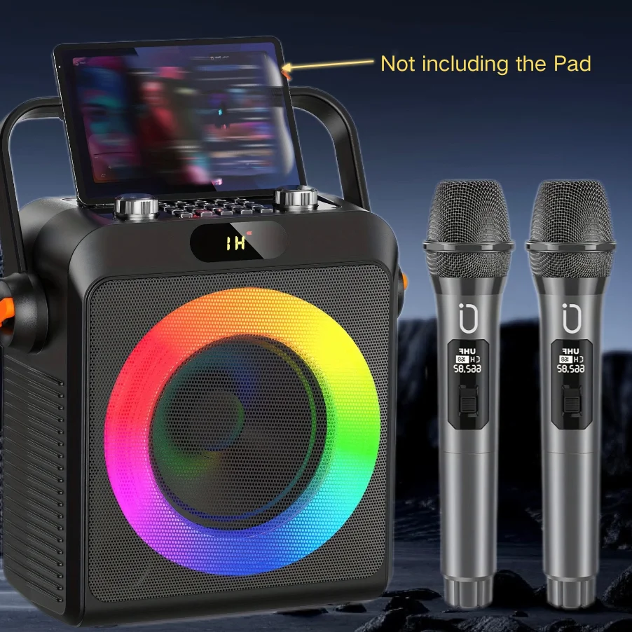 T19-T Karaoke machine with 2 wireless microphones black Karaoke speakers with bass/treble adjustment
