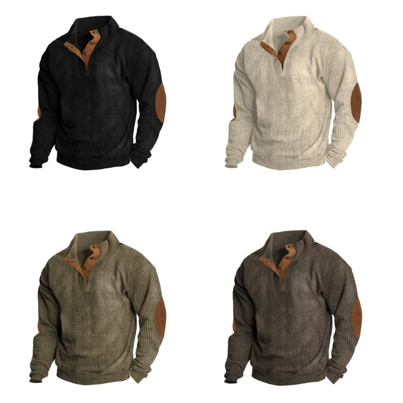

Мужские вельветовые толстовки, повседневные пуловеры с воротником с лацканами и пуговицами, свитера с длинными рукавами, осенний