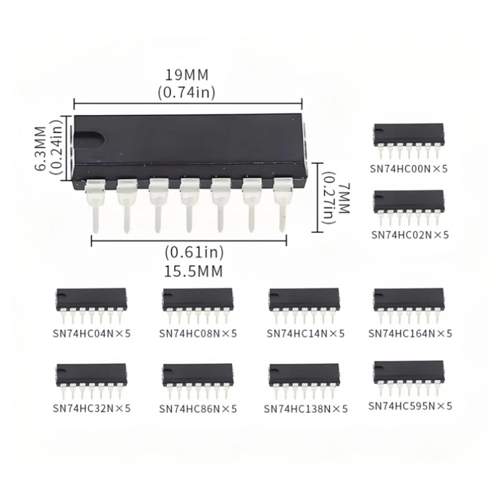 A49T 74HC 시리즈 IC 모음 세트 50개 10종 DIP 집적 회로 칩 키트 전자 실험 STEM 교육용