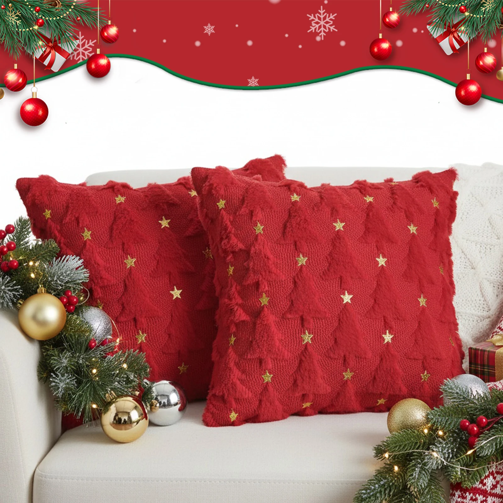 크리스마스 트리 쿠션 커버 부드러운 18x18 인치 세트 2개 쿠션 케이스 3월 휴일 가정 야외 장