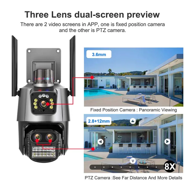 9MP WiFi IP Camera Three Lens 8X Zoom Outdoor PTZ Security Camera AI Tracking Smart Security Protection CCTV Surveillance Camera 3