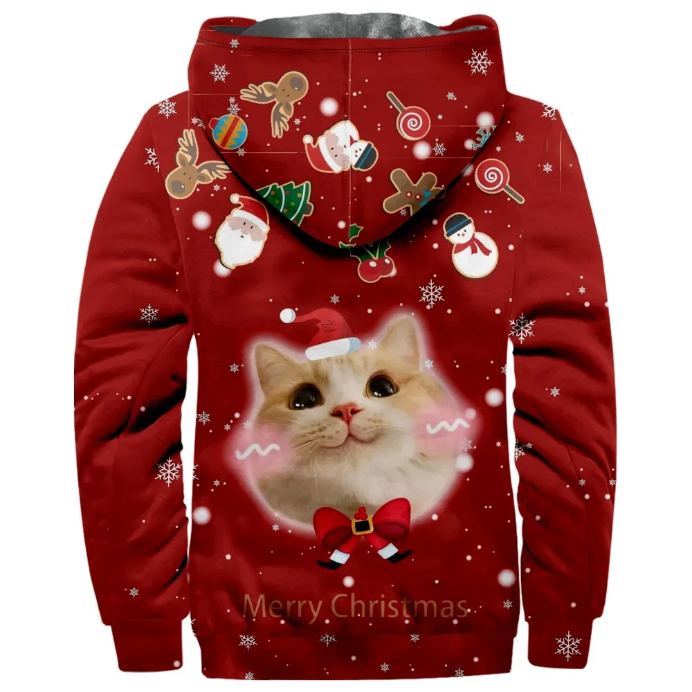 2023 New Christmas Cotton Coat Hooded Sweater Casual Print Long Sleeve Zipper Sweater Thick Cotton Coat Winter