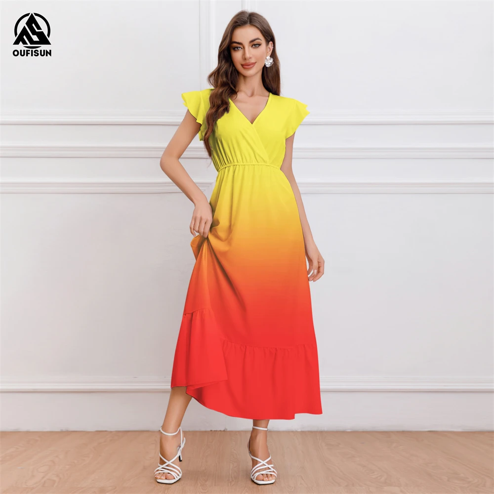 

2024 Women's Dresses Gradient Color Print Summer Dress Elegant Feamle Short Sleeve Dresses Fashion Oversized Clothes