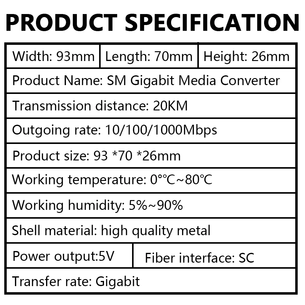 Fiber Optical Media Converter OPTFOCUS Gigabit Media Converter 1000Mbps SM Transceiver SC Module 20km A B 5pairs Fiber Optic Media Converter