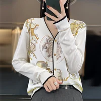 Spring And Autumn New Wool Coat Jacket Women’s Long Sleeve Wide V-Neck Printed Stitching Sweater Thin Cardigan