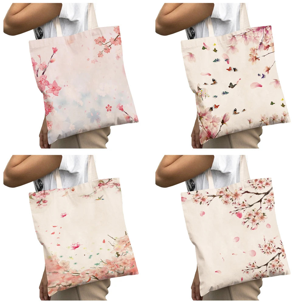 Pink Peach Blossom Big Capacity Shopper Bag Watercolor Cartoon Plant Tree Bird Double Print Casual Canvas Women Shopping Bags