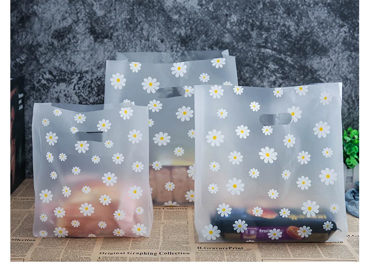 Description Picture 6 of item25-50pcs Little Daisy Plastic Gift Bag Clear Storage Shopping Bag With Christmas Wedding Party Favor Bag Candy Cake Wrapping Bag