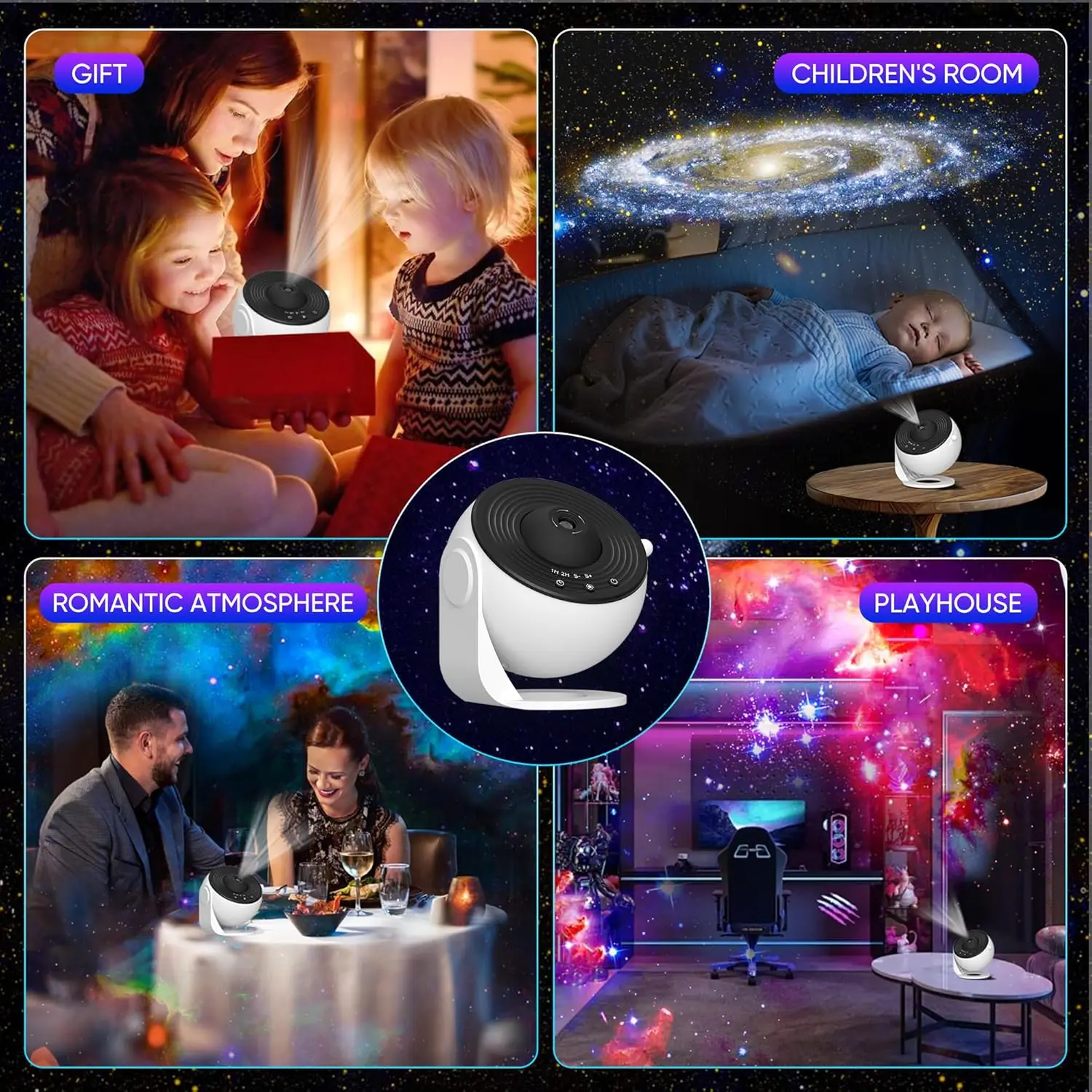 מקרן גלקסיה וכוכבים לחדר — 13 אפקטים, סיבוב 360°, שלט, טיימר ורמקול - תמונה 3