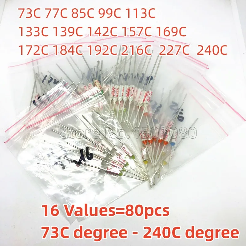 Thermal Fuse 16 Values = 80pcs assortment kit 10A 250V Thermal Cutoffs 73C degree-240C degree Temperature fuse thermal fuse
