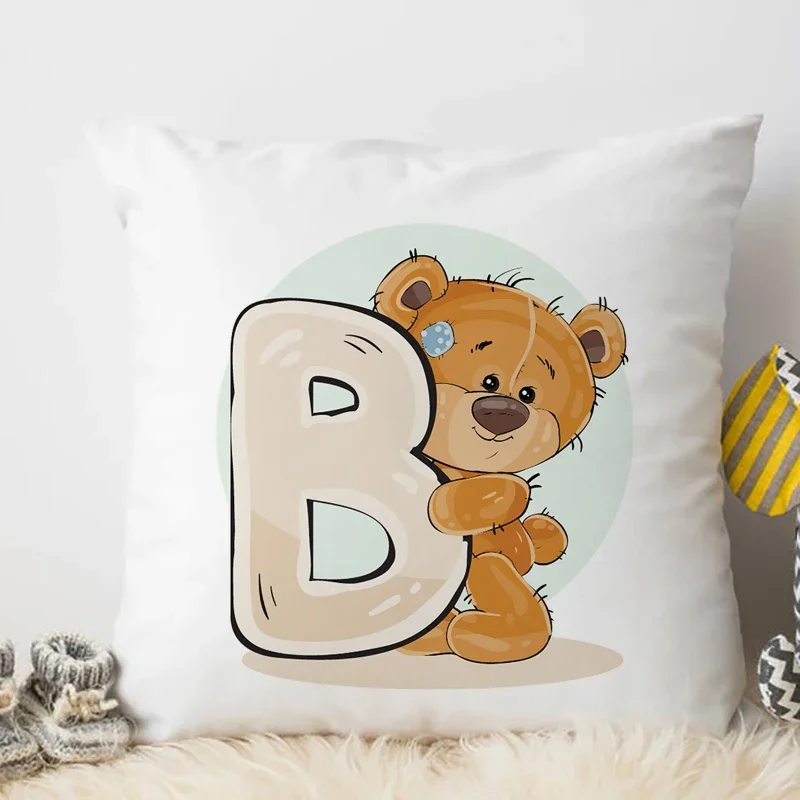 Cute Cartoon Animal Cushion Cover for Children Room Water Color A-P English Letter Print Pillow Case Soft Pillowcase 45x45cm