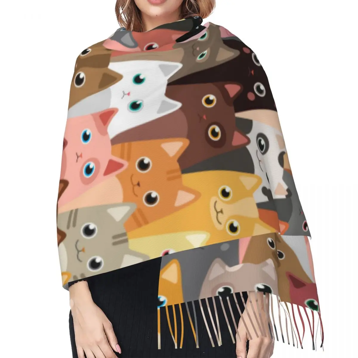 Autumn Winter Warm Scarves Cartoon Cute Cats Pattern Fashion Shawl Tassel Scarves Wrap Neck Headband Hijabs Stole