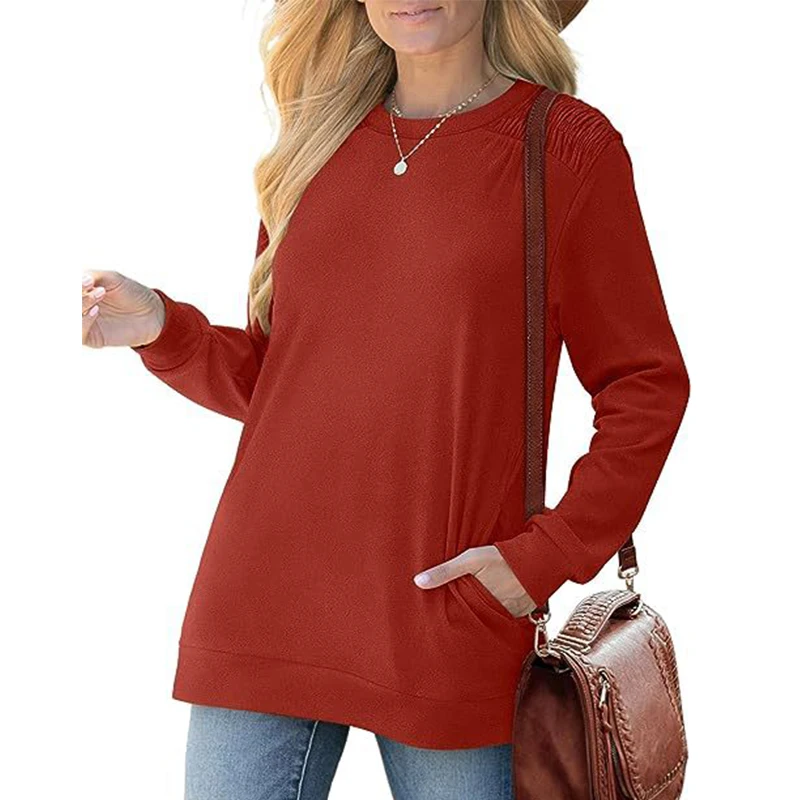 Autumn Winter Women's Round Neck Loose Casual Sweatshirt Female Folds Pocket Fashion Pullover Top Ladies Solid Color T-shirt Tee
