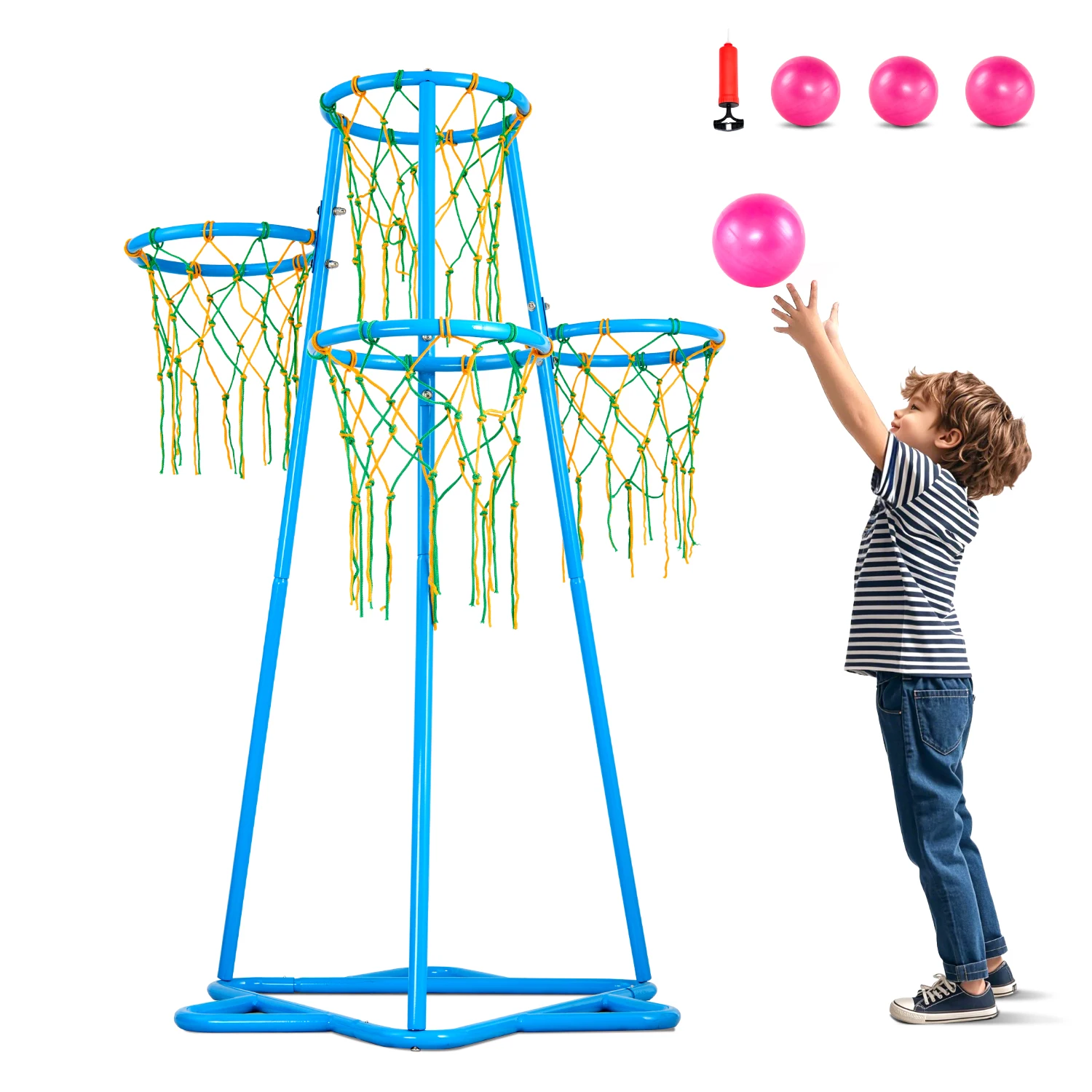 SucceBuy 4-Hoop Kids Basketball Hoop Stand with Adjustable Heights & 3 Balls for Boys Girls Indoor Outdoor Basketball Sport Toys