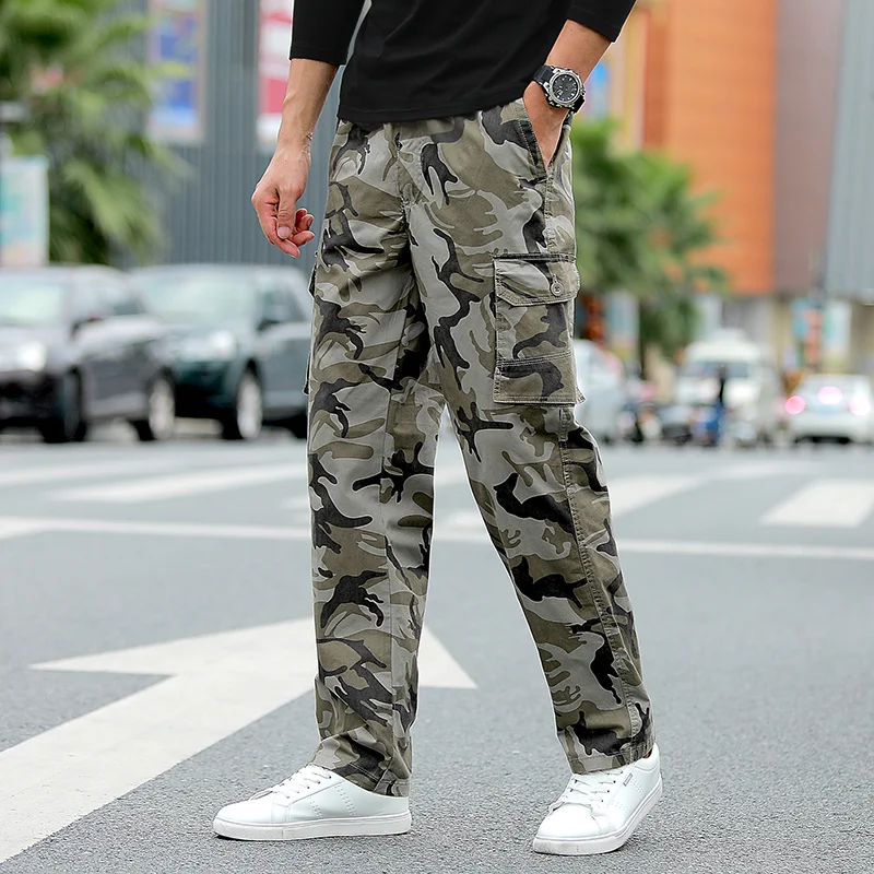 Men's Clothing Spring Autumn Geometric Camouflage Printing Button Elastic High Waisted Pockets Straight Trousers Vintage Pants