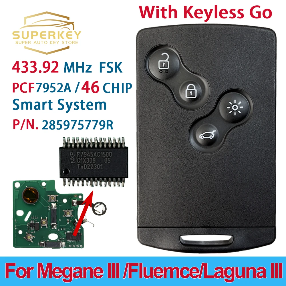 Car Remote Key Car Key SUPERKEY For 2009-2015 Renault Megane III Fluence Laguna III Scenic 2010 Smart Card 433MHz PCF7952A Hands Free Keyless