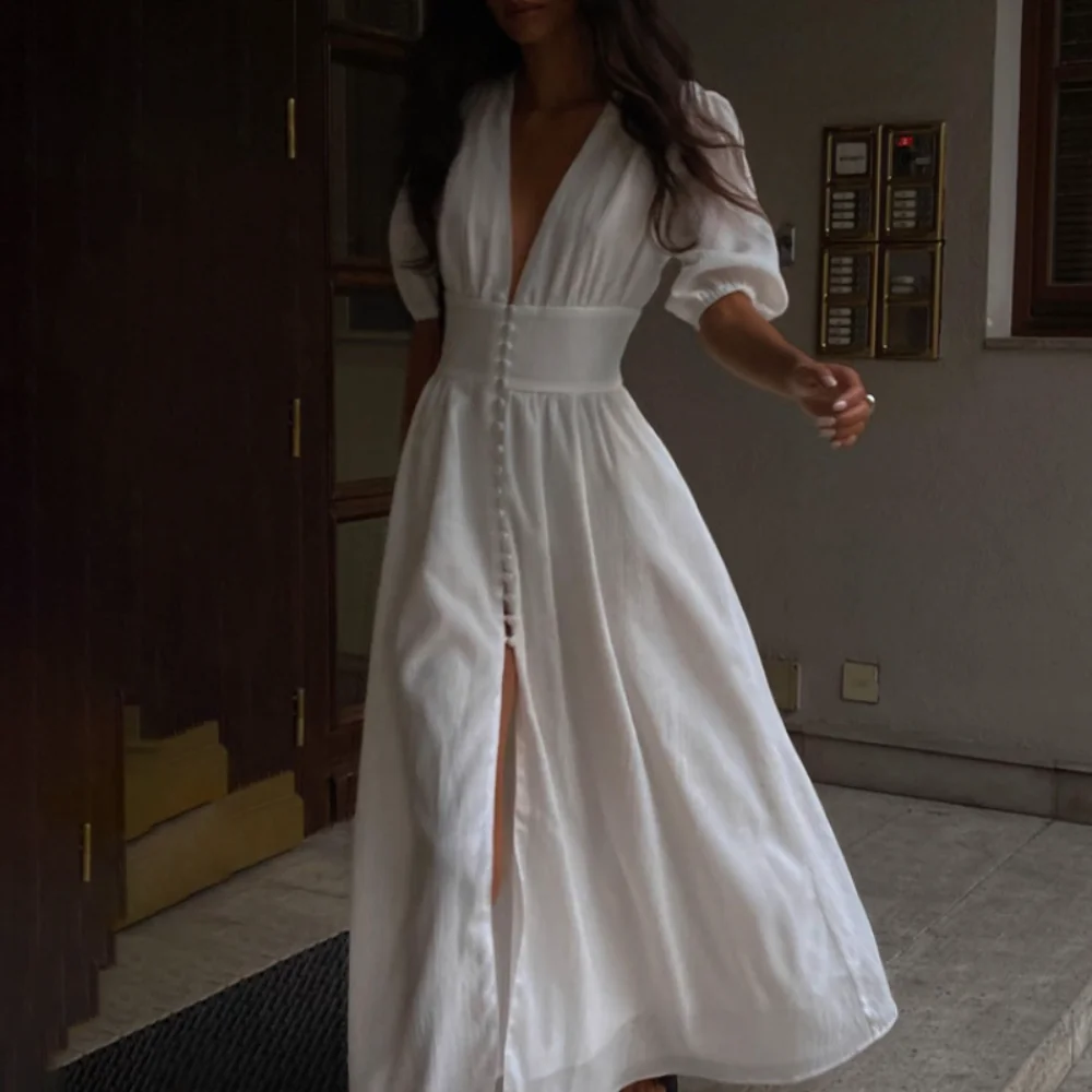 

Elegant Long Dress Women Fashion Bubble Sleeve Vacation Maxi Vestidos V-neck White Dresses Summer Woman Clothing Traf Vestido
