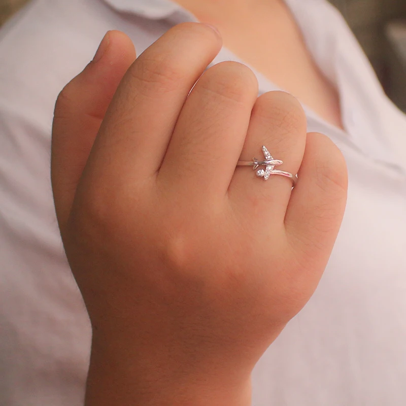 TrustDavis Real 925 Sterling Silver Fashion Sweet Aircraft CZ Opening Ring For Women Wedding Birthday Present Fine Jewelry DA976