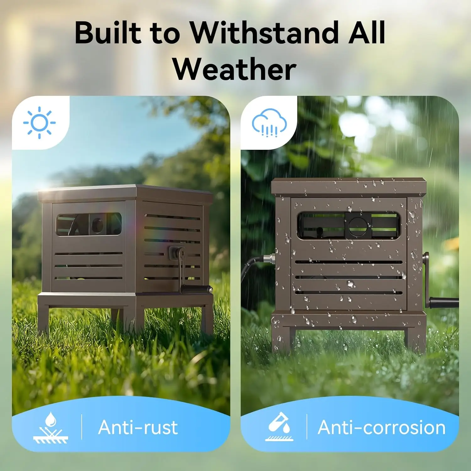 Hose Reel, Heavy Duty Hose Reel Box Hideaway Holds 100 ft x 5/8" Hose, Never-Leak System, Manual Crank Handle, Hose Guide