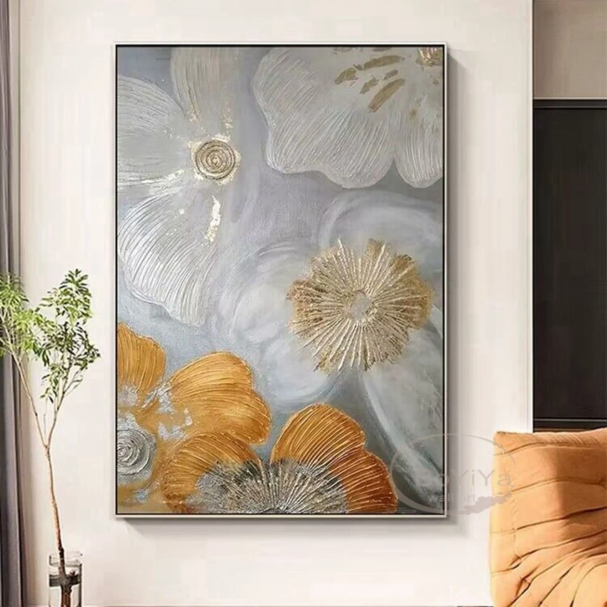 

Gold Flowers Transparent Flowers Nordic Modern Abstract Pure Handmade Oil Painting For Home Decoration Bedroom Dining Room Mural
