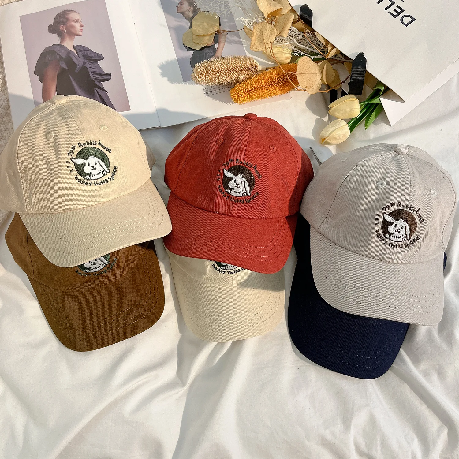 Solid Color Women Baseball Cap Cartoon Rabbit Embroidery Soft Top Sun Hat For Girl Outdoor Casual Duck Tongue Cap