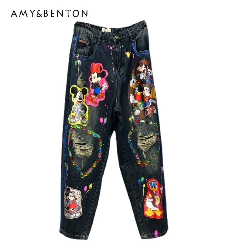 2023 Autumn And Winter New Jeans Heavy Industry Beads Cartoon Hand-Painted Elastic Waist Straight Jeans All-Matching Baggy Pants