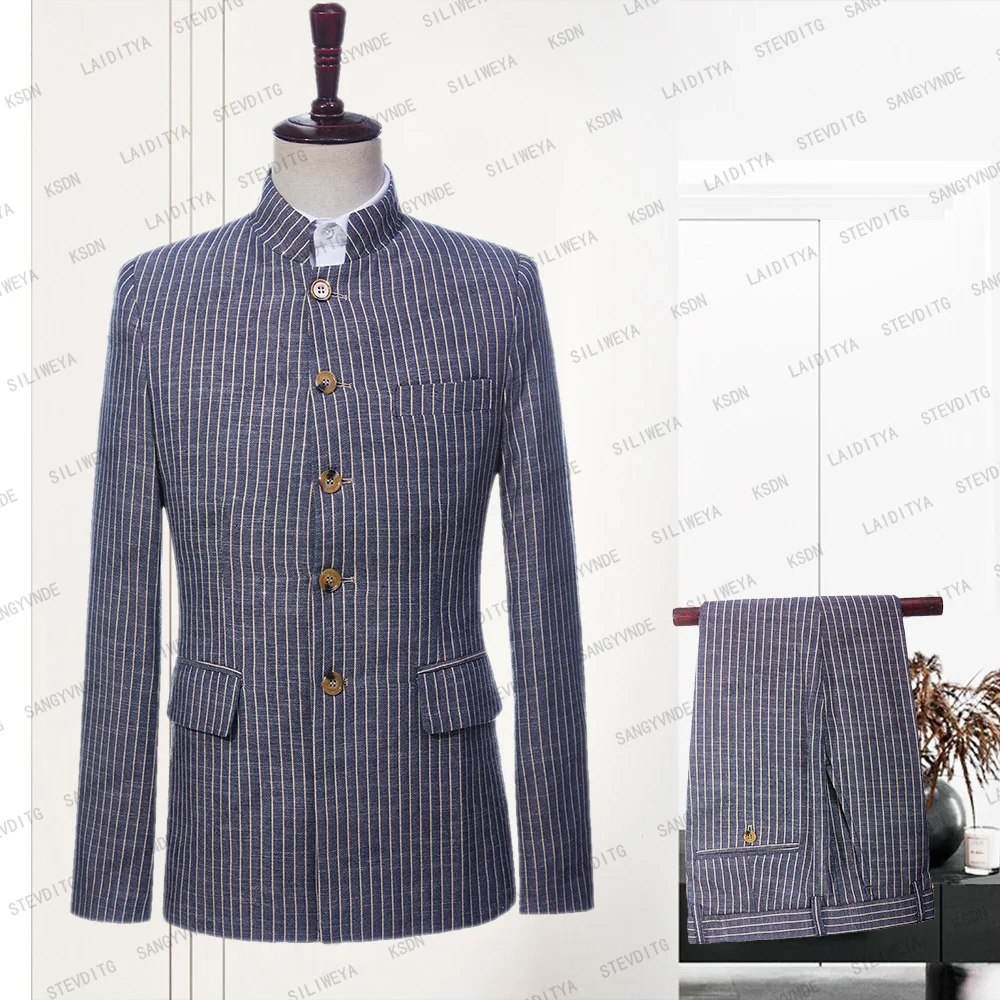 

Костюм мужской Пляжный из 2 предметов, однобортный, тонкий, приталенный, с вертикальной полосой, с воротником-стойкой, модный, Повседневный, темно-синий