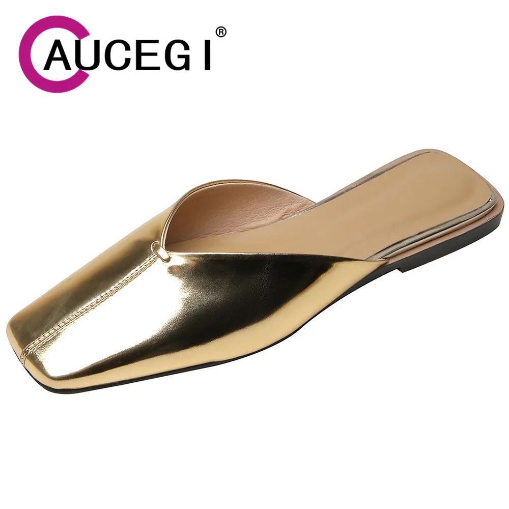 

Aucegi Genuine Leather Mules Sandals Square Toe Flat Slides Concise Slippers Summer Ladies Shoes Green Gold Large Size 34-43