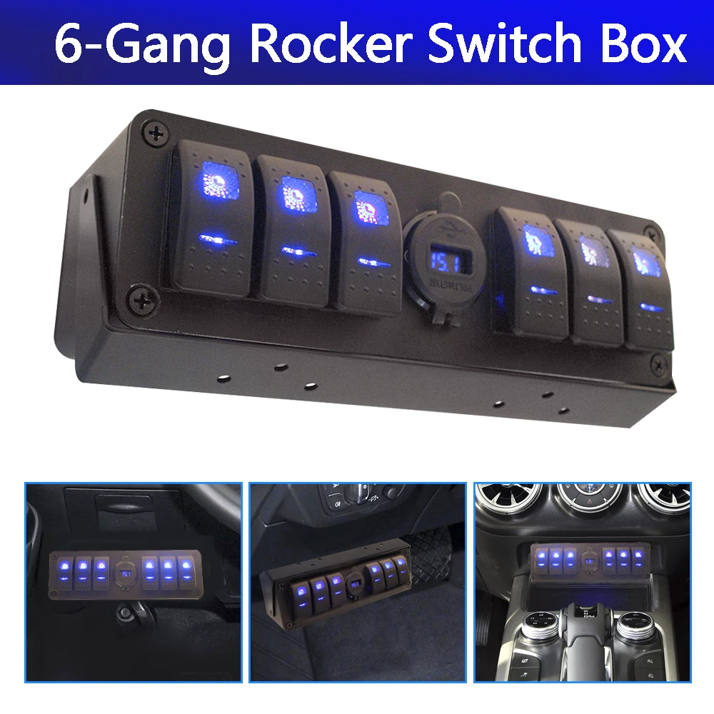 

Universal 6+1 Gang Rocker Switch Box Double QC3.0 Switch Panel 12-24V 20A for Cars Vehicles Yacht Waterproof