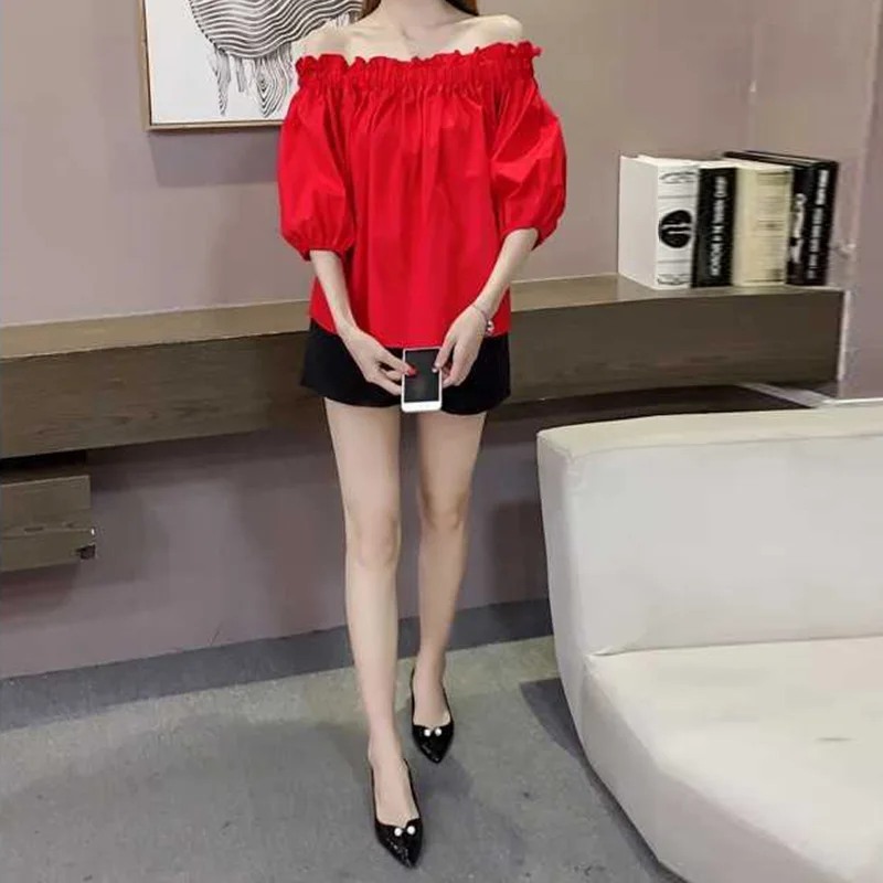 Red Sweet Off Shoulder For Women Bubble Sleeve Clothes Crop Top Casual Solid T-shirt Youthful Fashion Streetwear Trend All-match