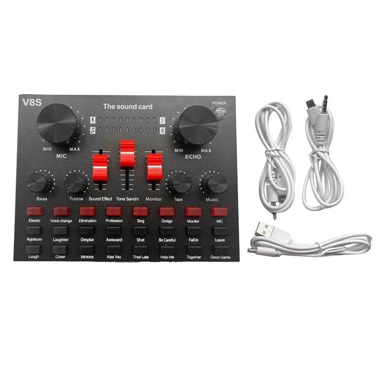 V8S 마이크 USB 충전식 DSP 외부 믹서, 노래방 3.5mm 인터페이스 사운드 카드, 휴대용 라이브 방송 스테레오