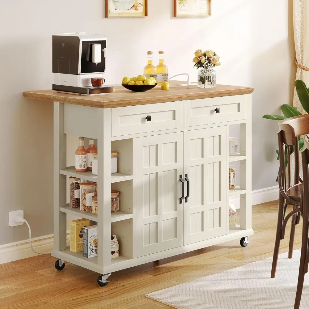 Rolling Kitchen Cart on Wheels Americana Kitchen Island Cabinet with Open Shelves Thicker Rubberwood Top Kitchen