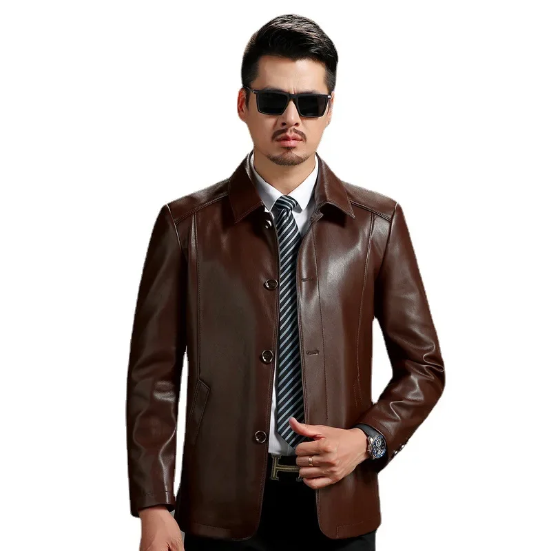 Men's New Genuine Leather Jacket with a Lapel and Short Leather Jacket Plush and Thick Coat for Middle-aged and Elderly People