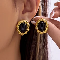 Elegant Vintage Black Oval Stud Earrings - Gold - Tone Stainless Steel Statement Jewelry Gift Set (ER26Y0249)