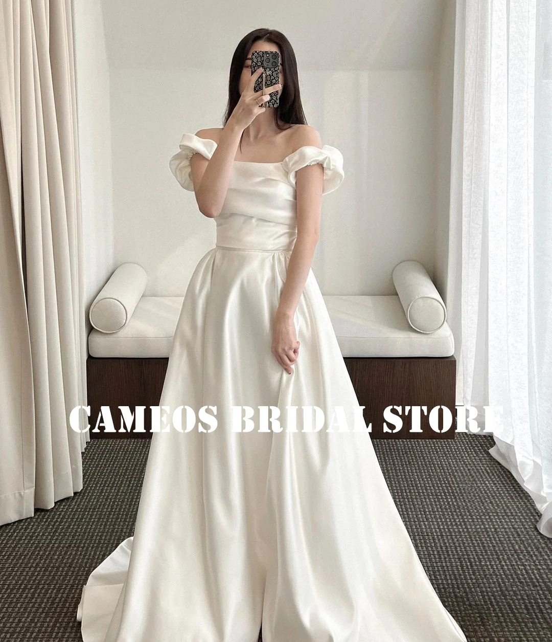 

SONDR Custom Made 웨딩드레스 Short Sleeve Wedding Dresses Satin Off the Shoulder Korea Evening Ivory Bride Gowns Women Bridal Dresses