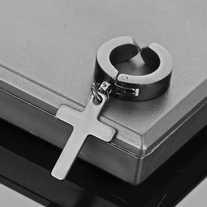Stainless Steel Earrings 2 Pcs Clip On Non Piercing For Women Men Black Gold Color Cross Gothic Punk Rock Drop Pendiente Jewelry