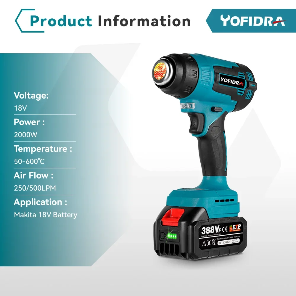 18V 2000W Cordless Electric Heat Gun Handheld Rechargeable Home Air Dryer With 3 Nozzles Industrial For Makita 18V Battery 3