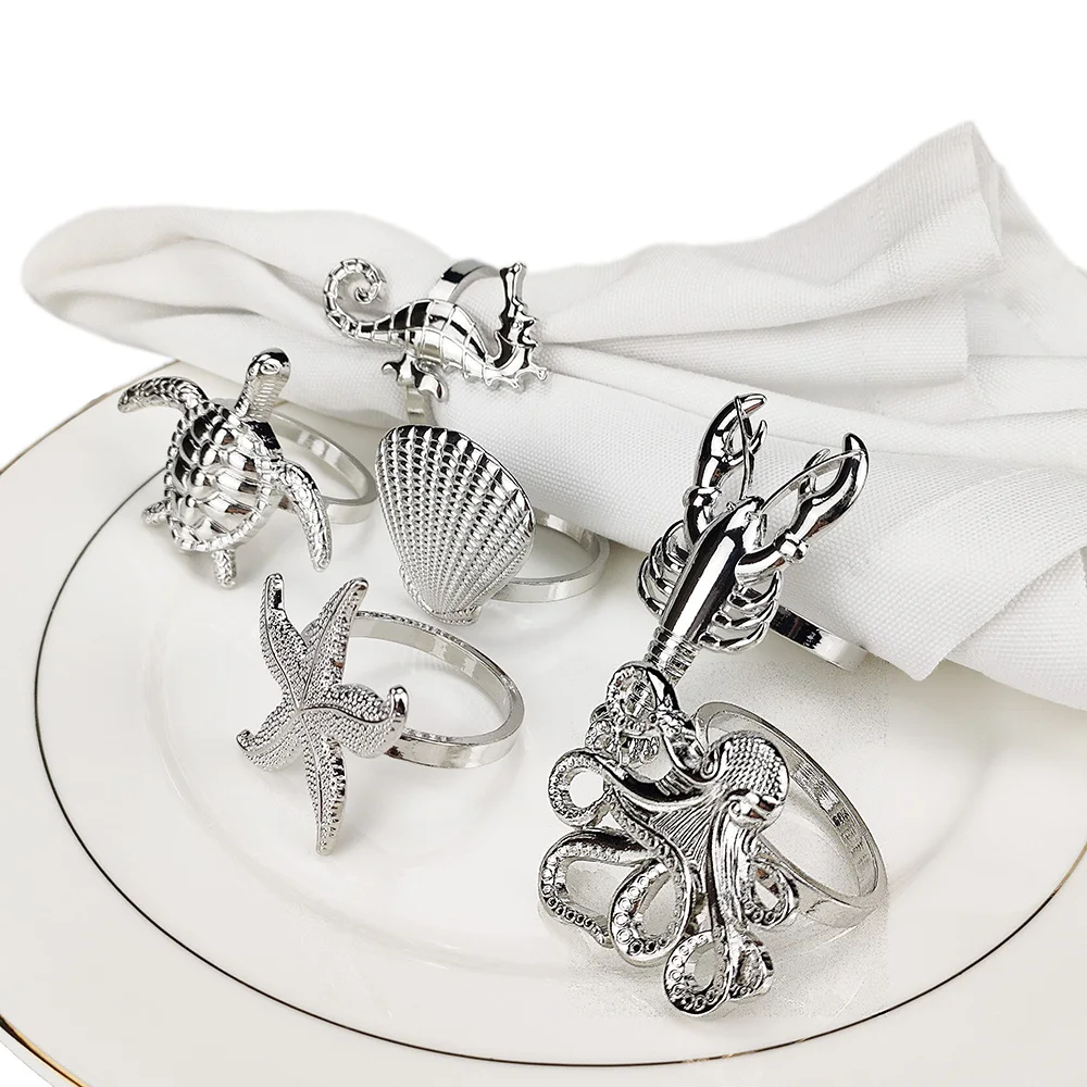 Assorted Silver Nautical Napkin Rings Cut Sea Creature Table Centerpiece Serviette Holder Ring 6 Pcs For Beach Wedding Party