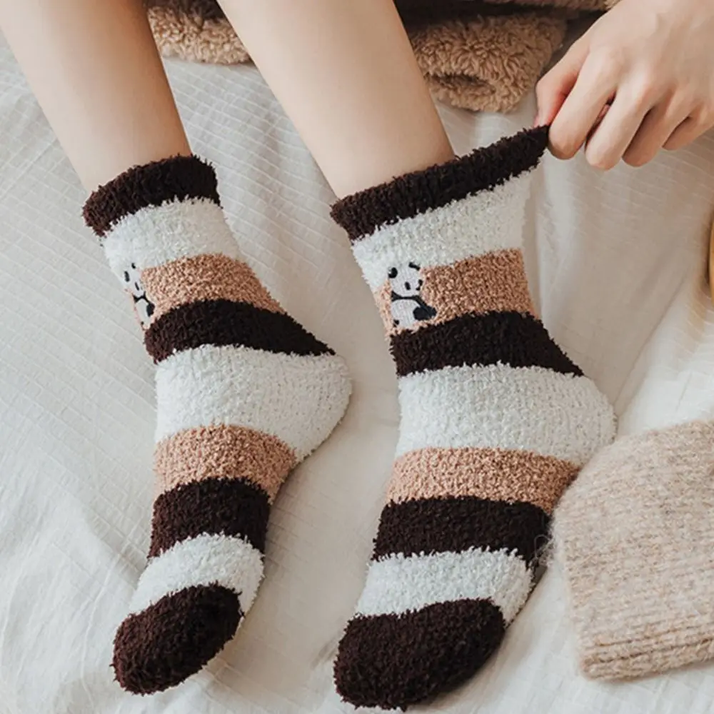 Lady Panda Embroidery Harajuku Style Indoor Thermal Socks Floor Socks Home Sleeping Socks Women Socks Autumn Winter Socks