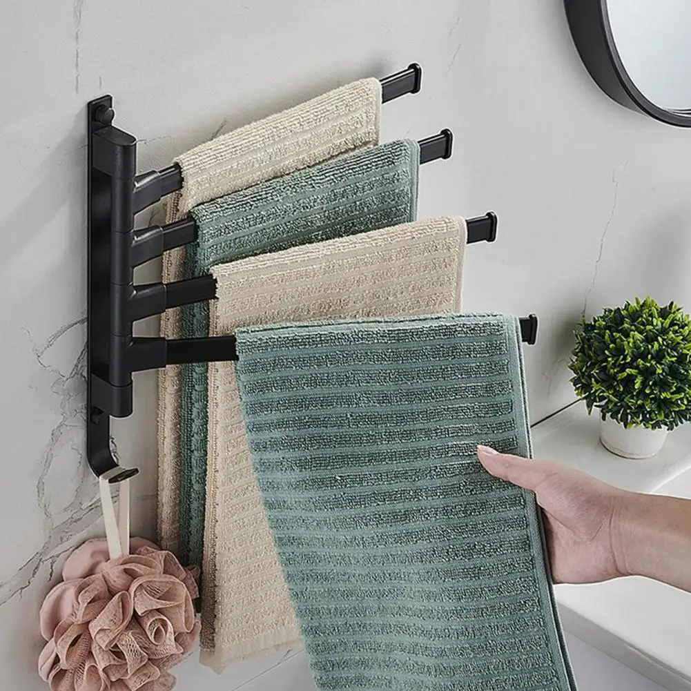 Bathroom Towel Rack Rotatable Foldable Towel Stand 4-Bar Holder Wall Mounted Kitchen Shelf Paper Hanging Storage Rack