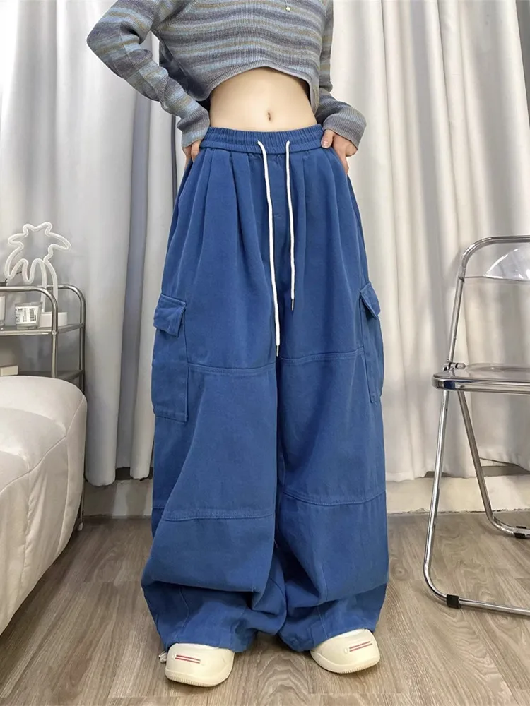 2023 Korean Y2K Fashion Drawstring Casual Baggy Cargo Jeans Pants Women Clothing Straight Wide Leg Sweatpants Female Trousers