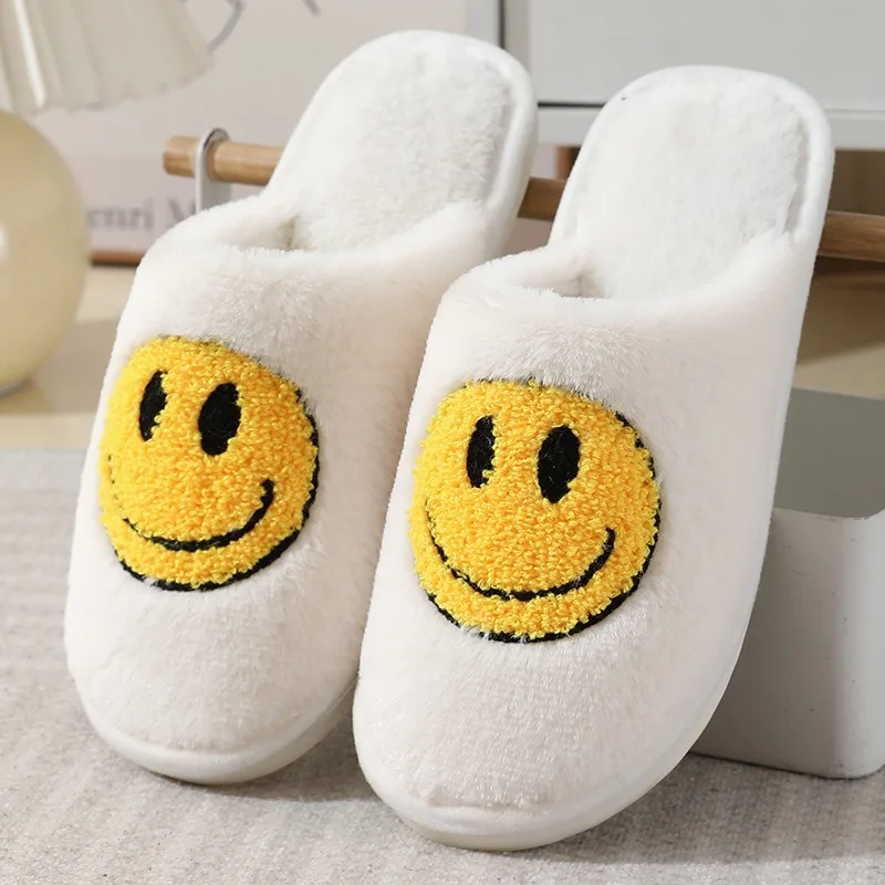 Fashion Couple Winter Toe Wrap Warm Smile Print Slippers Thick Soft Sole Slides Men Women Indoor Floor Flat Home Non-slip Shoes