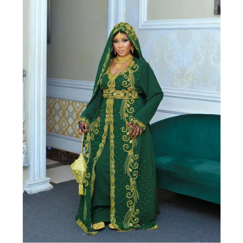 Green Royal Wedding Farasha Abaya Ramadan Ethnic Costume Dress In Dubai Morocco