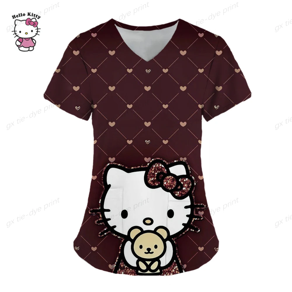 Camiseta de uniforme para mujer 2023, camisetas de Hello Kitty, uniforme de enfermera, bolsillo, Hello Kitty, cuello en V, ropa para mujer, tops, top de hospital