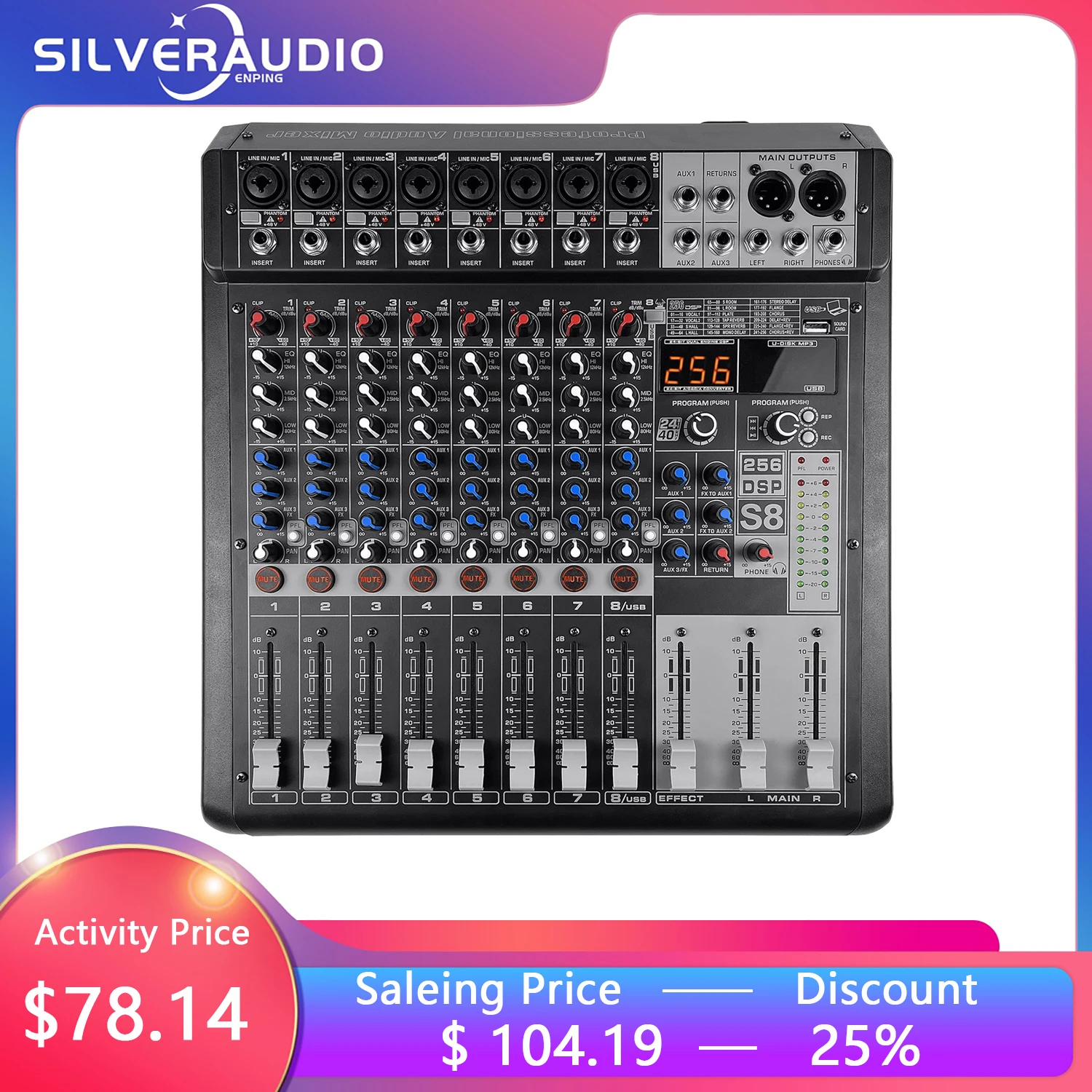 

GAX-S8 Pro 8 Channel DJ Controller with 256 DSP Reverb effect BT 5.0 USB Mixer USB for karaoke Professional stage performance