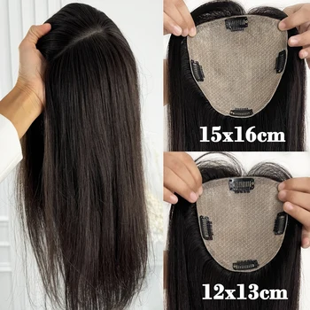 Topper per capelli umani Base in seta 15x16 cm Grande copertura per diradare i capelli o la caduta dei capelli Topper per capelli in seta 12x13 cm con clip